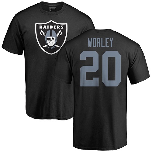 Men Oakland Raiders Black Daryl Worley Name and Number Logo NFL Football #20 T Shirt->nfl t-shirts->Sports Accessory